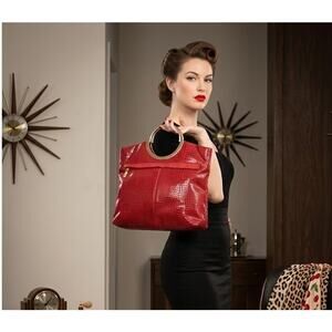 VTG Red Snakeskin Pattern Handbag Gold Metal Top Handle Unbranded 50s 60s Red